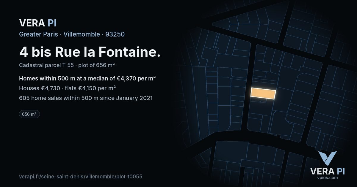 4 bis Rue la Fontaine, Villemomble at night – the plot lit, the parcels around coloured by the prices near them