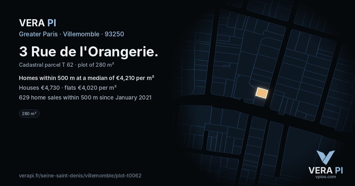 3 Rue de l'Orangerie, Villemomble at night – the plot lit, the parcels around coloured by the prices near them