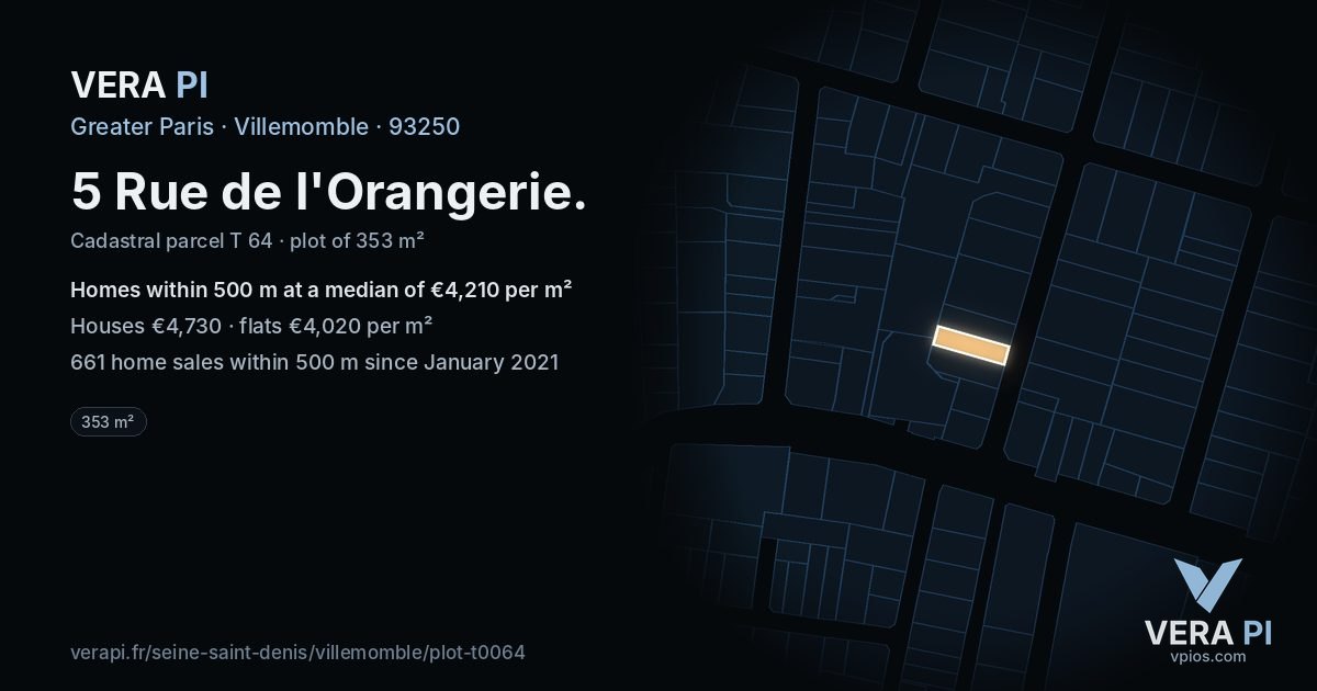 5 Rue de l'Orangerie, Villemomble at night – the plot lit, the parcels around coloured by the prices near them