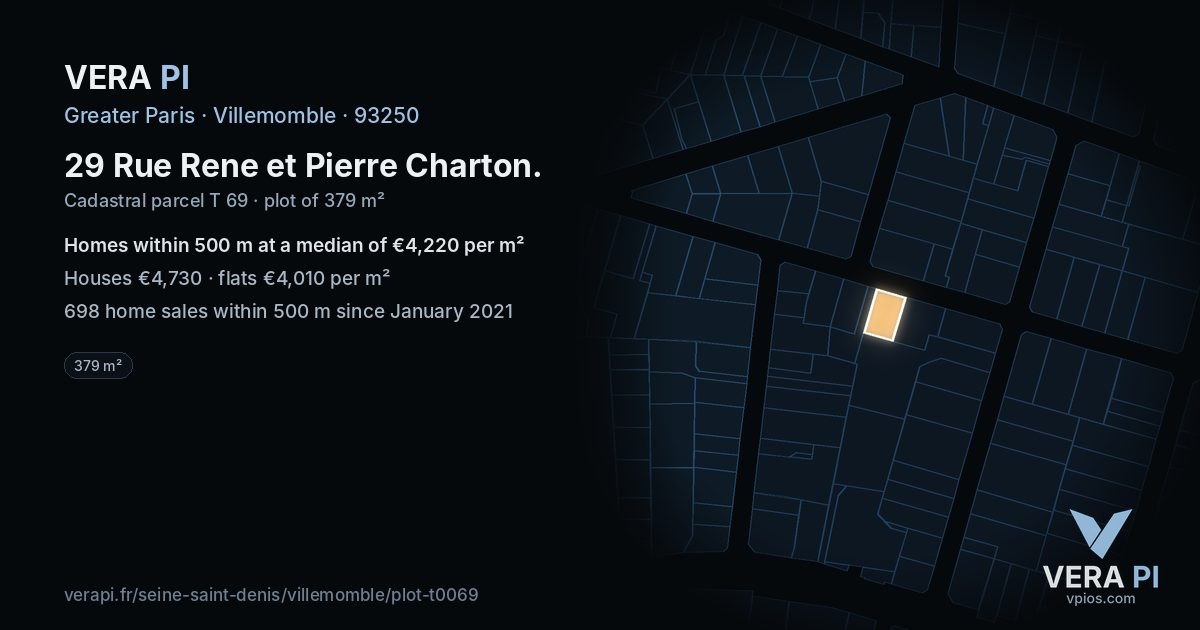 29 Rue Rene et Pierre Charton, Villemomble at night – the plot lit, the parcels around coloured by the prices near them