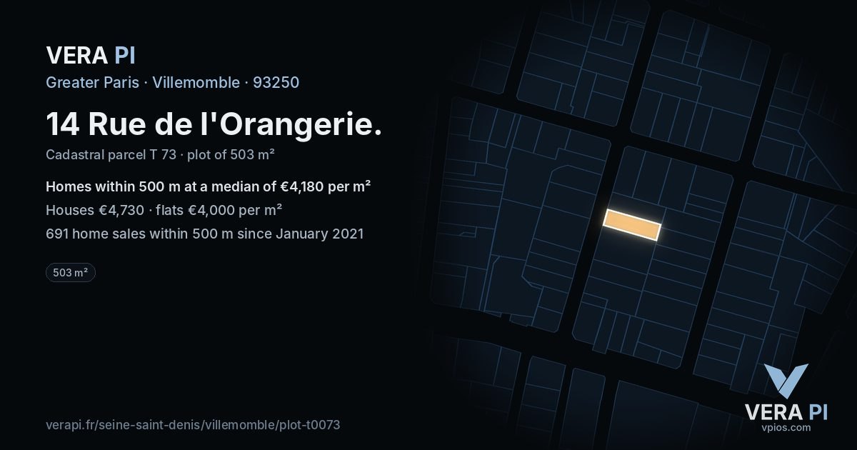 14 Rue de l'Orangerie, Villemomble at night – the plot lit, the parcels around coloured by the prices near them