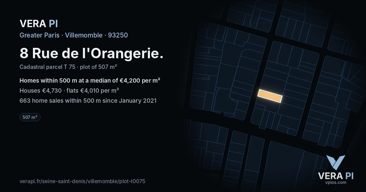 8 Rue de l'Orangerie, Villemomble at night – the plot lit, the parcels around coloured by the prices near them