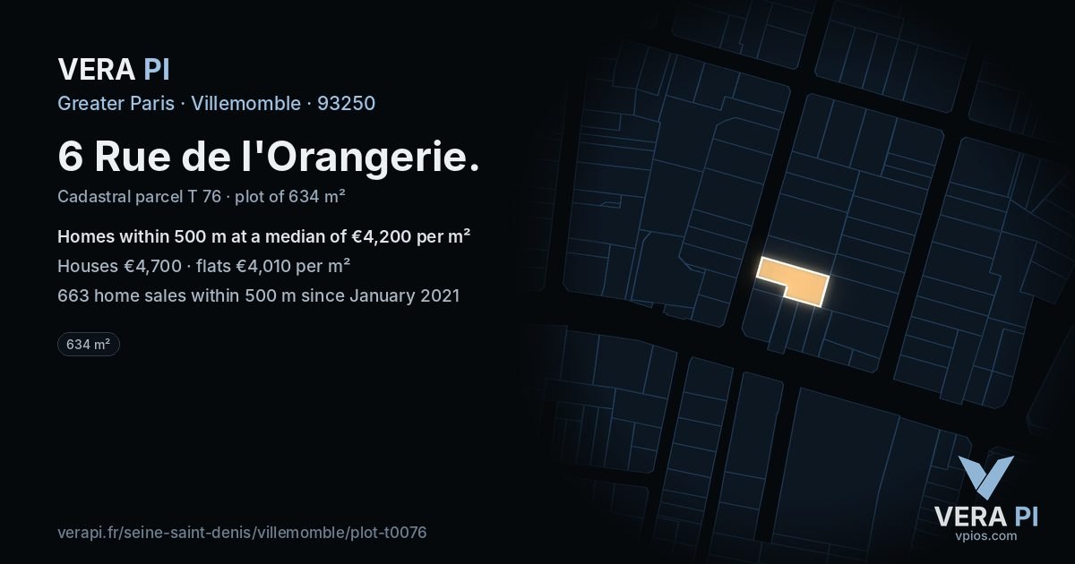 6 Rue de l'Orangerie, Villemomble at night – the plot lit, the parcels around coloured by the prices near them