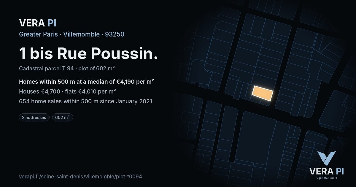 1 bis Rue Poussin, Villemomble at night – the plot lit, the parcels around coloured by the prices near them