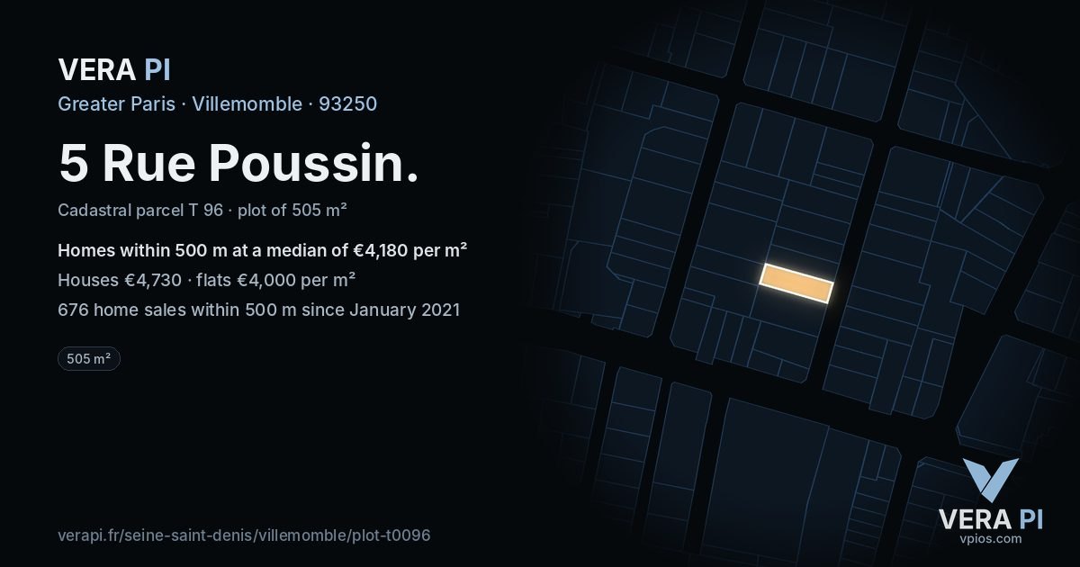 5 Rue Poussin, Villemomble at night – the plot lit, the parcels around coloured by the prices near them