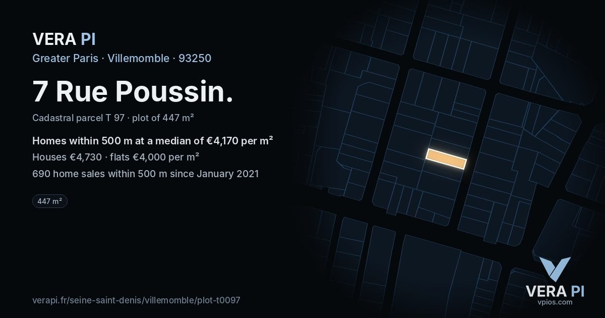 7 Rue Poussin, Villemomble at night – the plot lit, the parcels around coloured by the prices near them