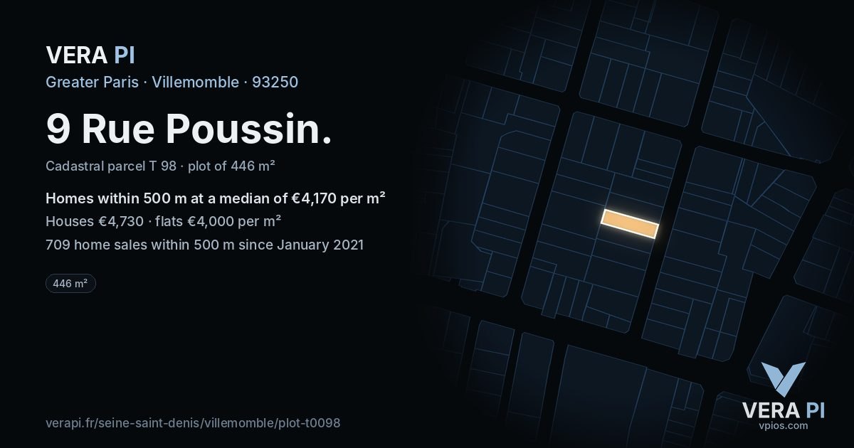 9 Rue Poussin, Villemomble at night – the plot lit, the parcels around coloured by the prices near them
