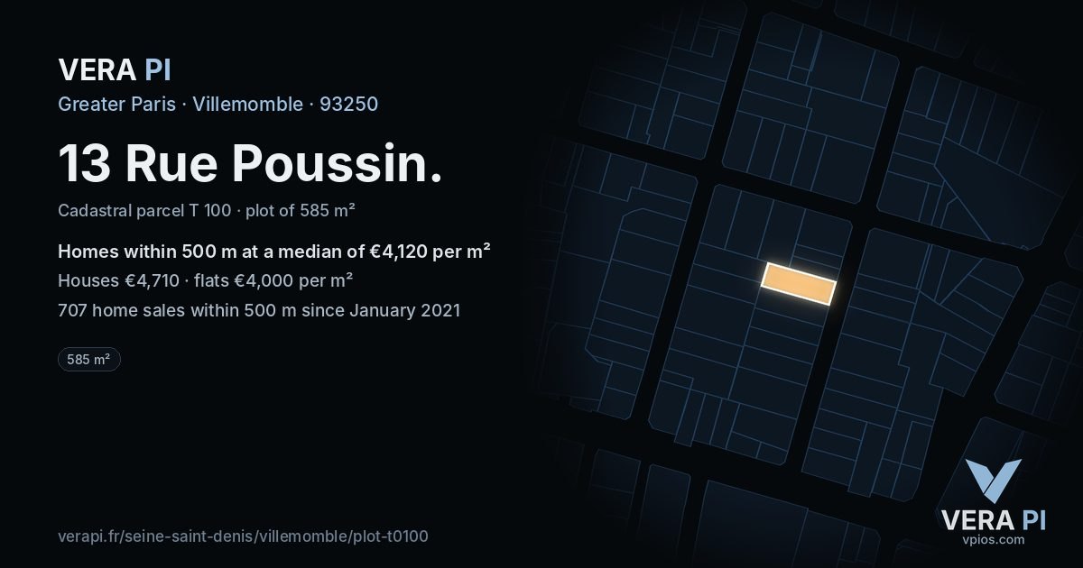 13 Rue Poussin, Villemomble at night – the plot lit, the parcels around coloured by the prices near them