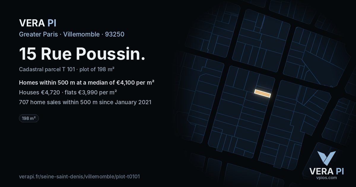 15 Rue Poussin, Villemomble at night – the plot lit, the parcels around coloured by the prices near them