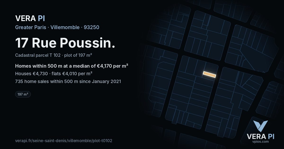 17 Rue Poussin, Villemomble at night – the plot lit, the parcels around coloured by the prices near them