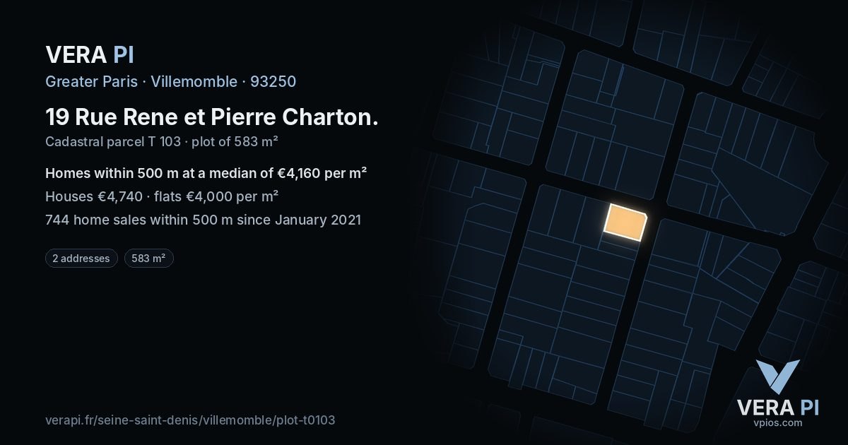 19 Rue Rene et Pierre Charton, Villemomble at night – the plot lit, the parcels around coloured by the prices near them