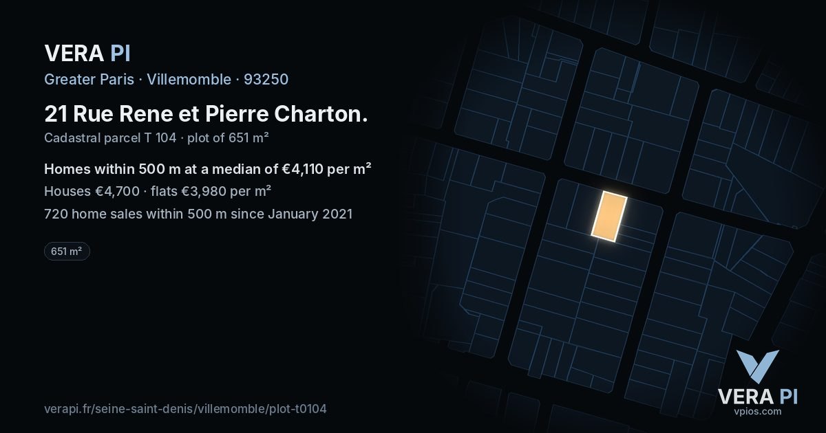 21 Rue Rene et Pierre Charton, Villemomble at night – the plot lit, the parcels around coloured by the prices near them