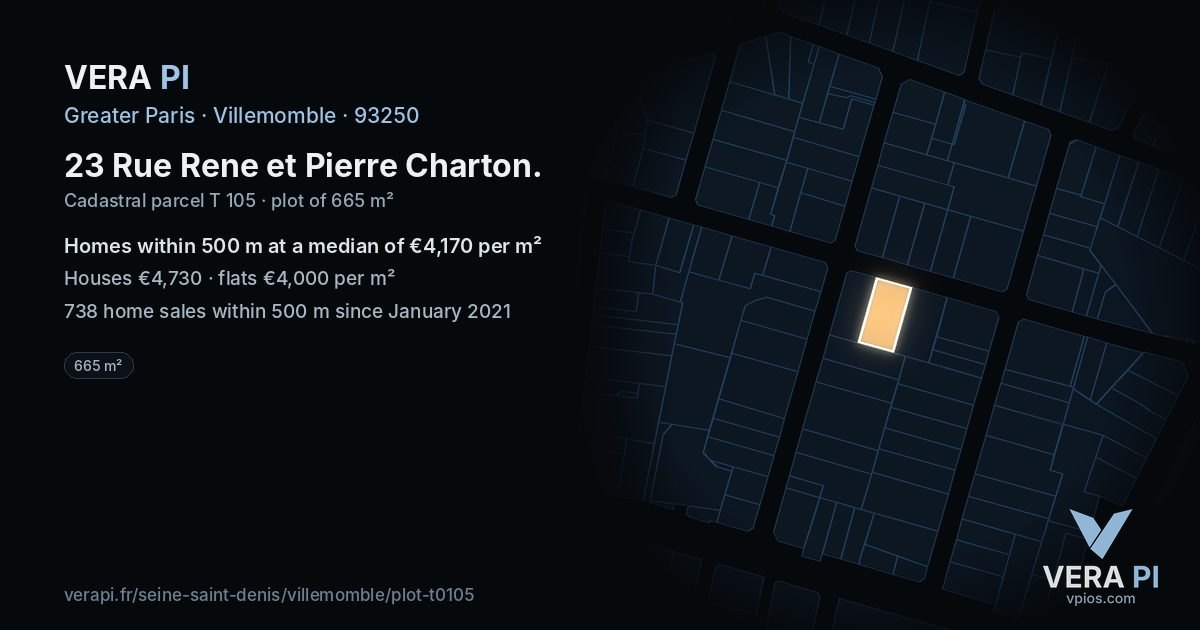 23 Rue Rene et Pierre Charton, Villemomble at night – the plot lit, the parcels around coloured by the prices near them