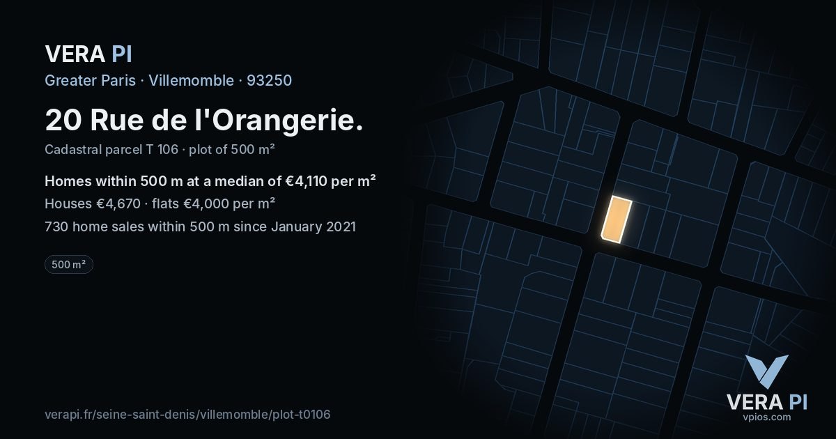 20 Rue de l'Orangerie, Villemomble at night – the plot lit, the parcels around coloured by the prices near them