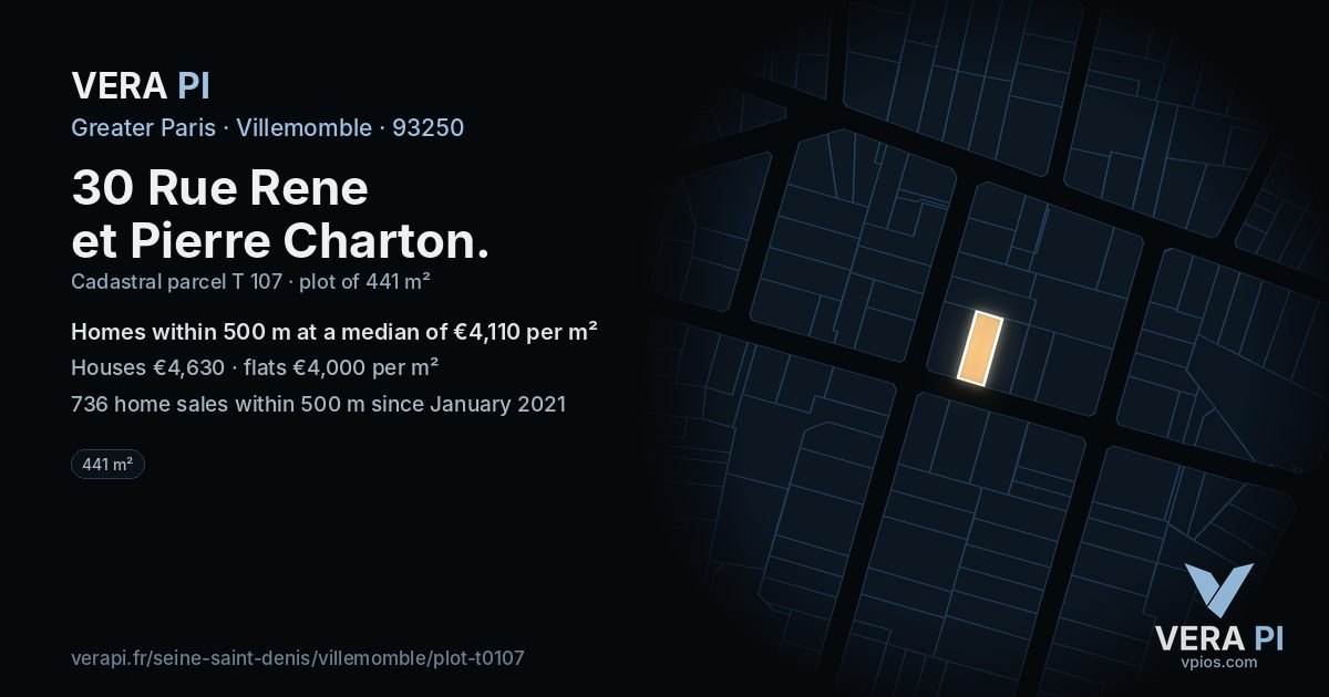 30 Rue Rene et Pierre Charton, Villemomble at night – the plot lit, the parcels around coloured by the prices near them