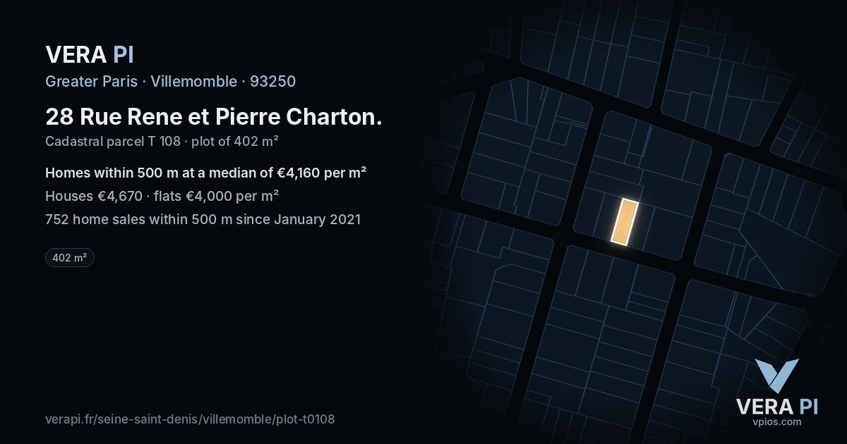 28 Rue Rene et Pierre Charton, Villemomble at night – the plot lit, the parcels around coloured by the prices near them