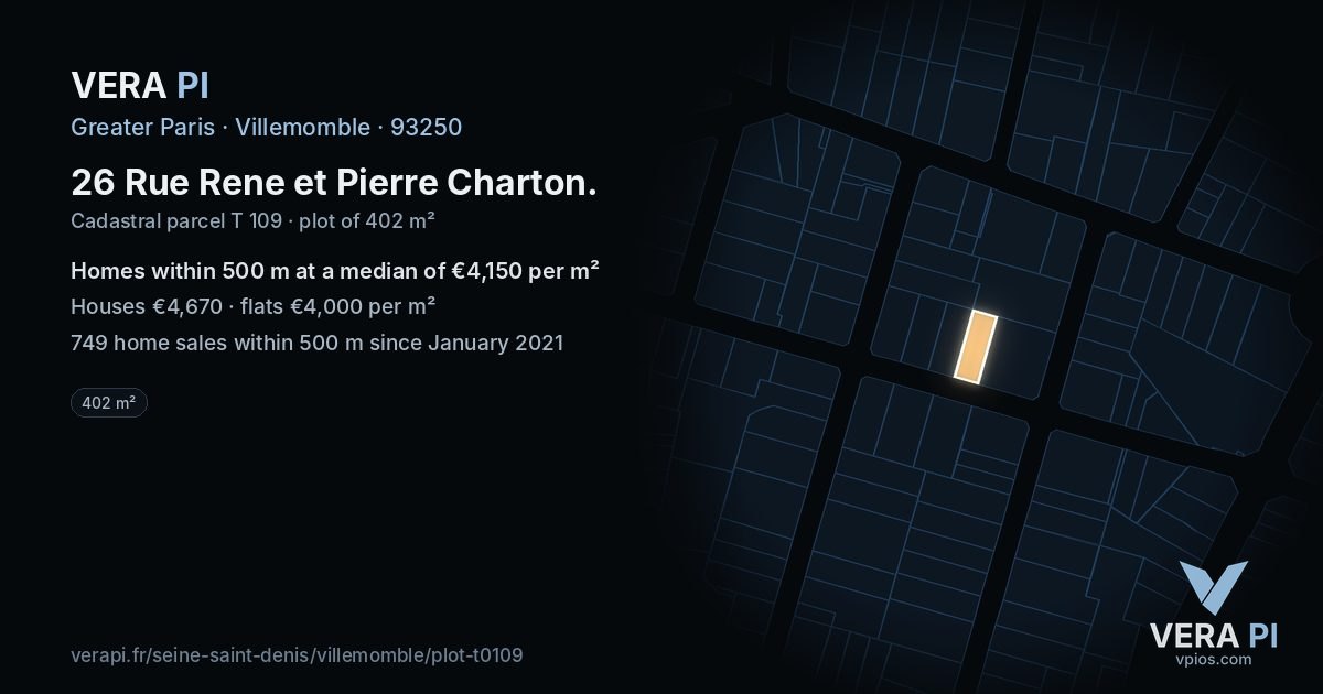 26 Rue Rene et Pierre Charton, Villemomble at night – the plot lit, the parcels around coloured by the prices near them