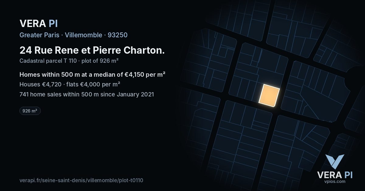 24 Rue Rene et Pierre Charton, Villemomble at night – the plot lit, the parcels around coloured by the prices near them
