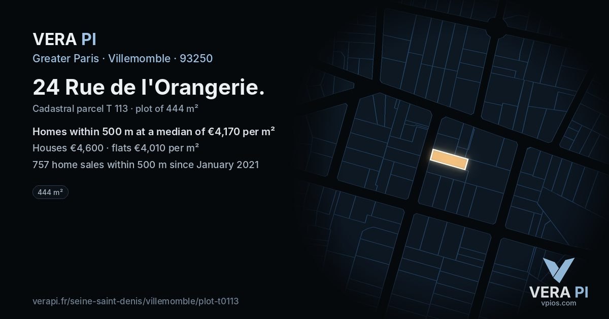 24 Rue de l'Orangerie, Villemomble at night – the plot lit, the parcels around coloured by the prices near them