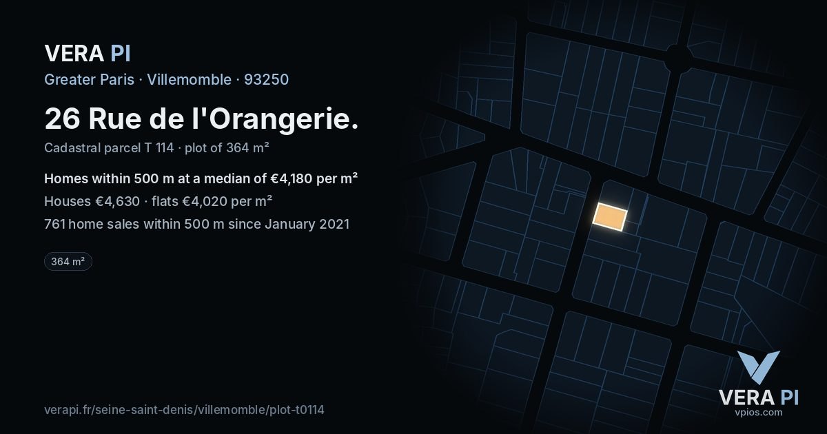 26 Rue de l'Orangerie, Villemomble at night – the plot lit, the parcels around coloured by the prices near them