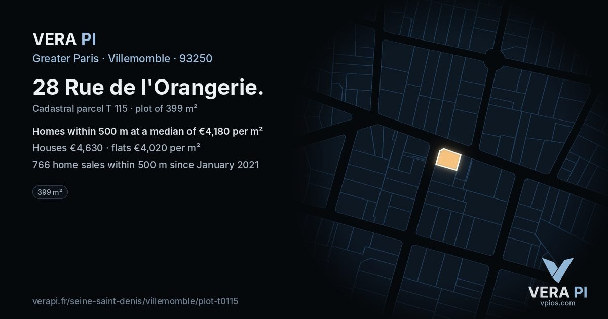 28 Rue de l'Orangerie, Villemomble at night – the plot lit, the parcels around coloured by the prices near them