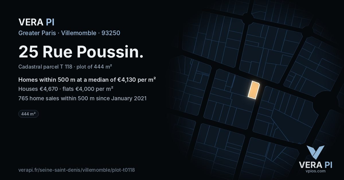 25 Rue Poussin, Villemomble at night – the plot lit, the parcels around coloured by the prices near them