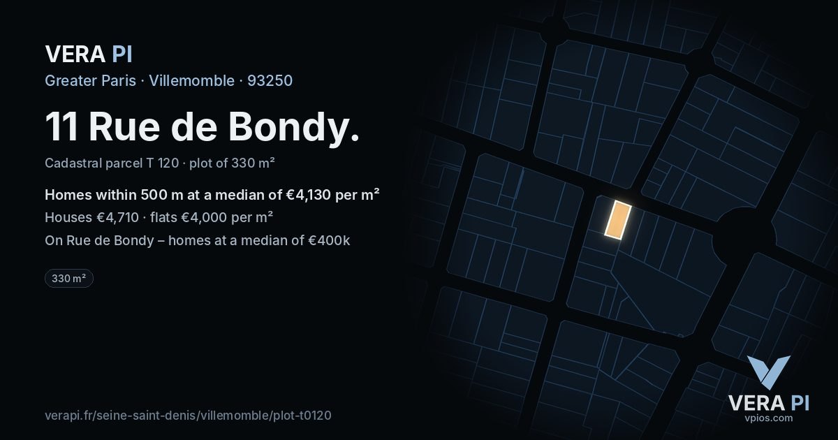 11 Rue de Bondy, Villemomble at night – the plot lit, the parcels around coloured by the prices near them