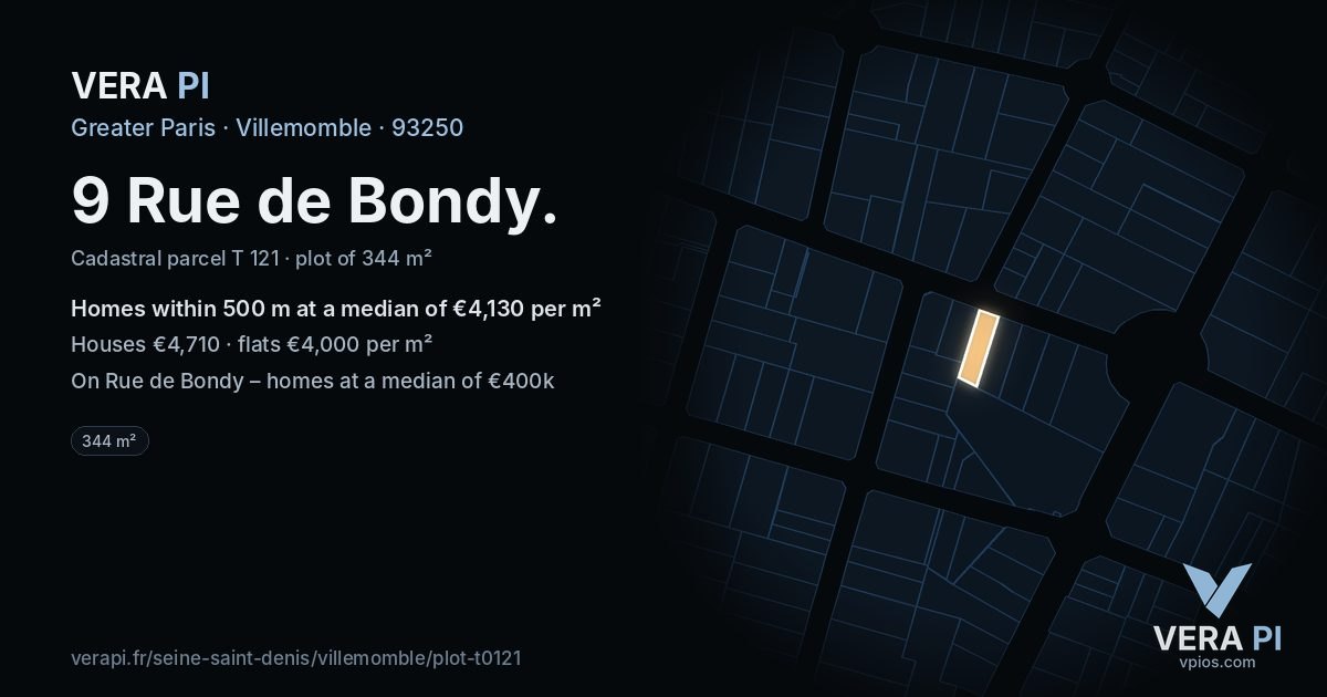 9 Rue de Bondy, Villemomble at night – the plot lit, the parcels around coloured by the prices near them