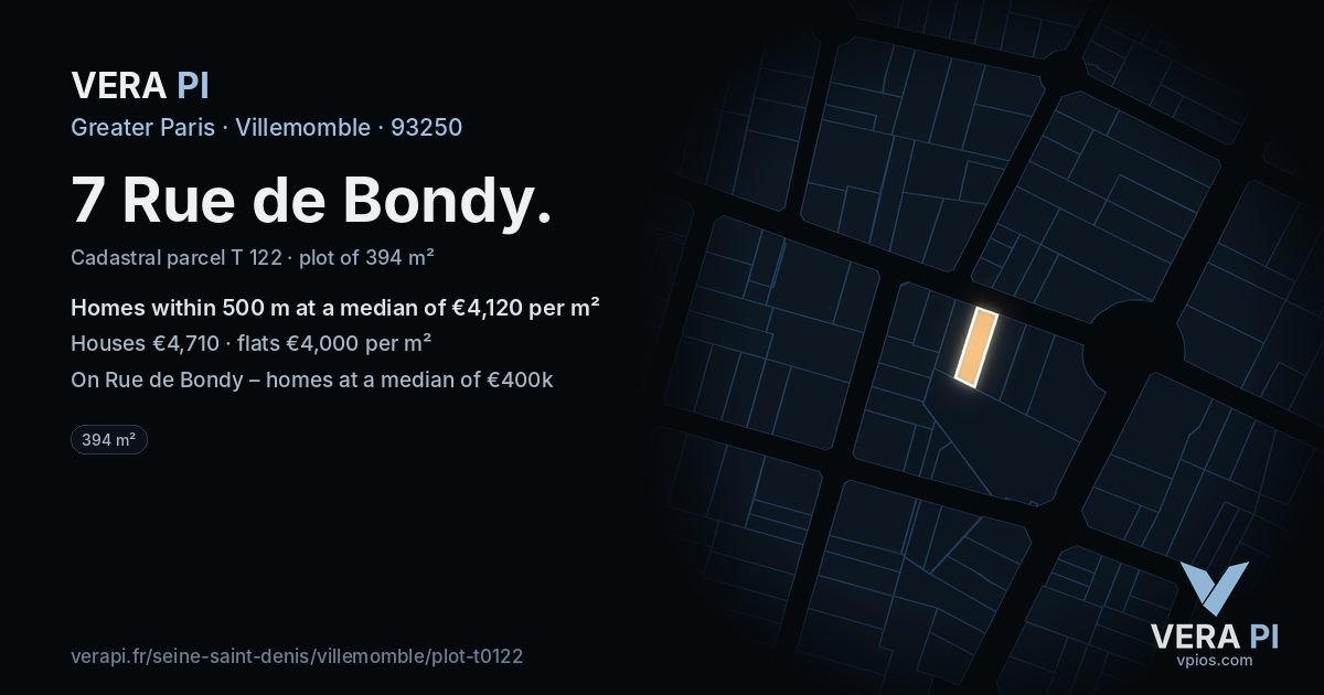 7 Rue de Bondy, Villemomble at night – the plot lit, the parcels around coloured by the prices near them