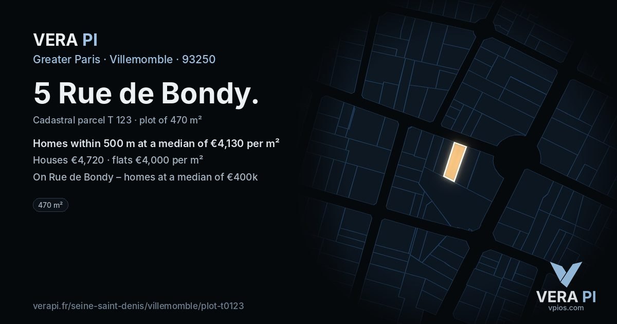5 Rue de Bondy, Villemomble at night – the plot lit, the parcels around coloured by the prices near them