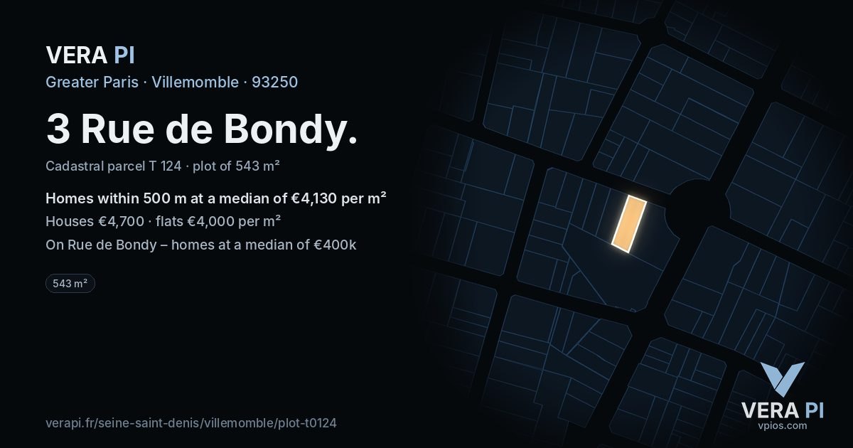3 Rue de Bondy, Villemomble at night – the plot lit, the parcels around coloured by the prices near them
