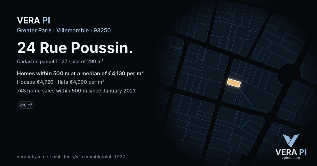 24 Rue Poussin, Villemomble at night – the plot lit, the parcels around coloured by the prices near them