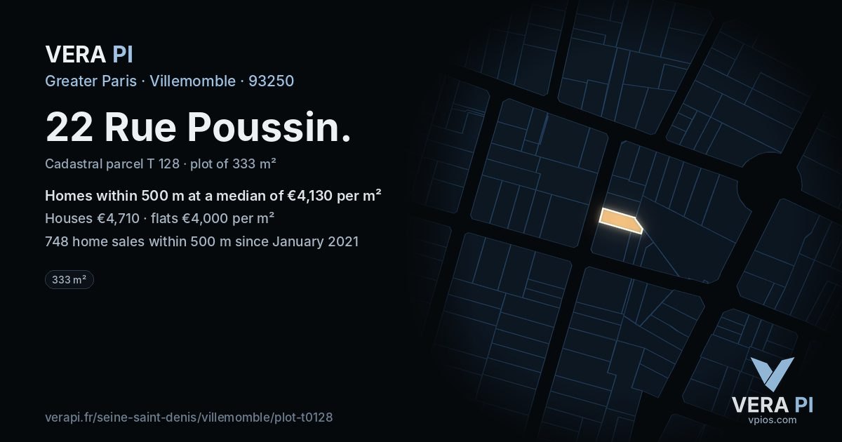 22 Rue Poussin, Villemomble at night – the plot lit, the parcels around coloured by the prices near them