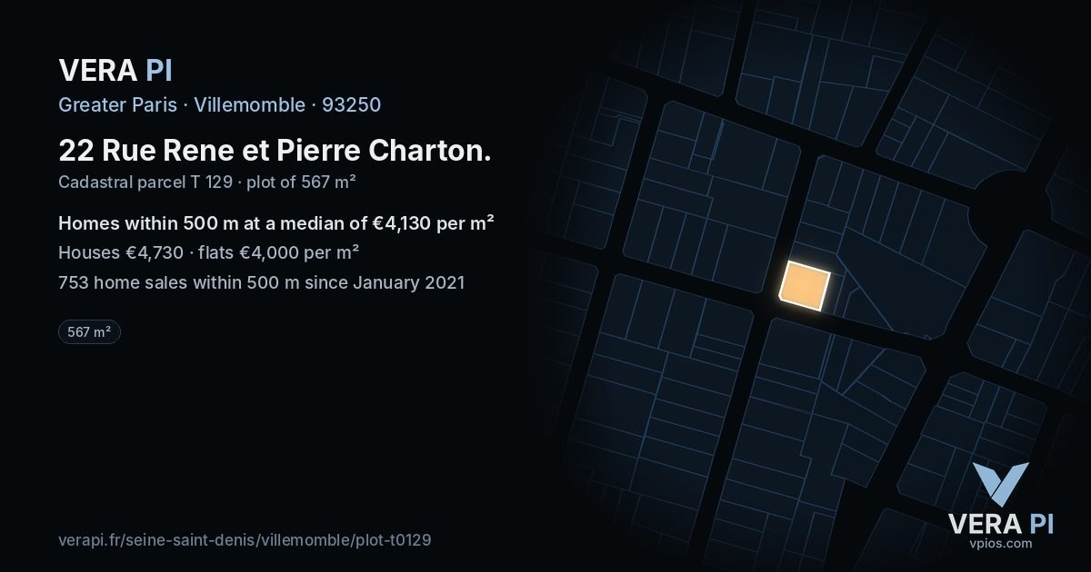 22 Rue Rene et Pierre Charton, Villemomble at night – the plot lit, the parcels around coloured by the prices near them