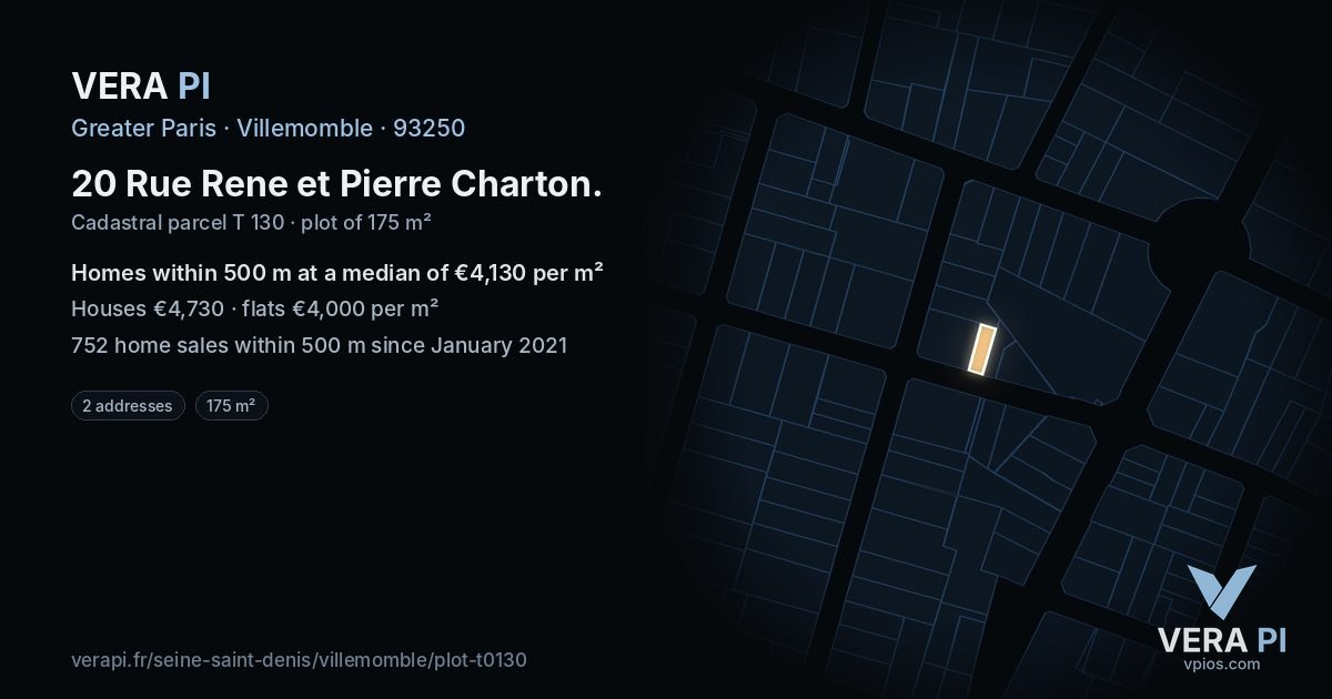 20 Rue Rene et Pierre Charton, Villemomble at night – the plot lit, the parcels around coloured by the prices near them