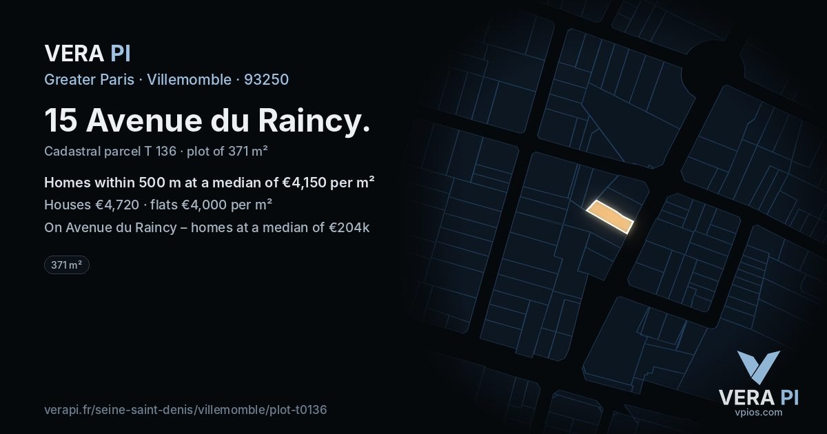 15 Avenue du Raincy, Villemomble at night – the plot lit, the parcels around coloured by the prices near them