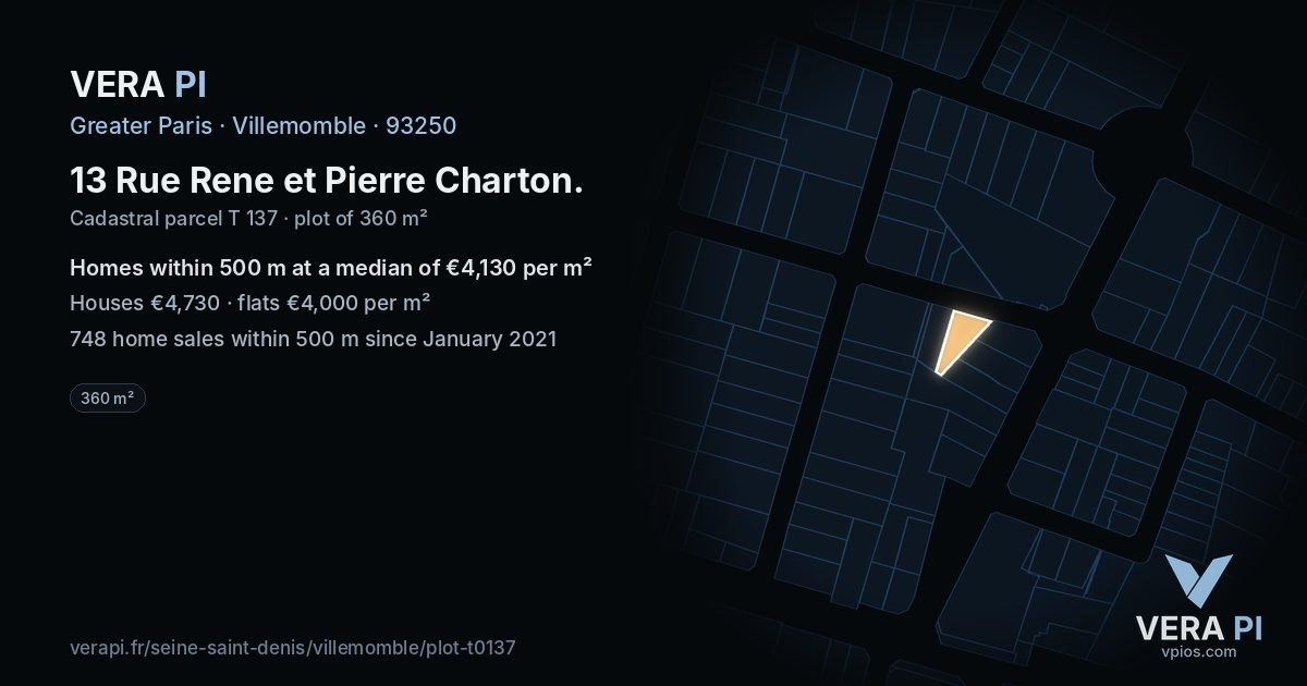 13 Rue Rene et Pierre Charton, Villemomble at night – the plot lit, the parcels around coloured by the prices near them