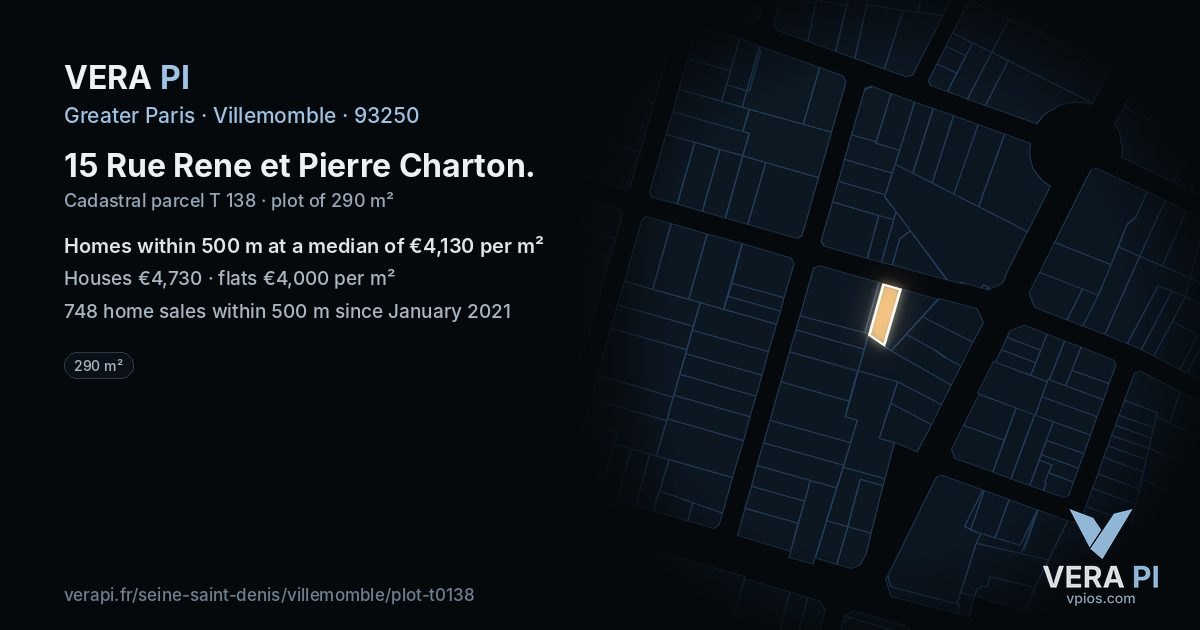 15 Rue Rene et Pierre Charton, Villemomble at night – the plot lit, the parcels around coloured by the prices near them