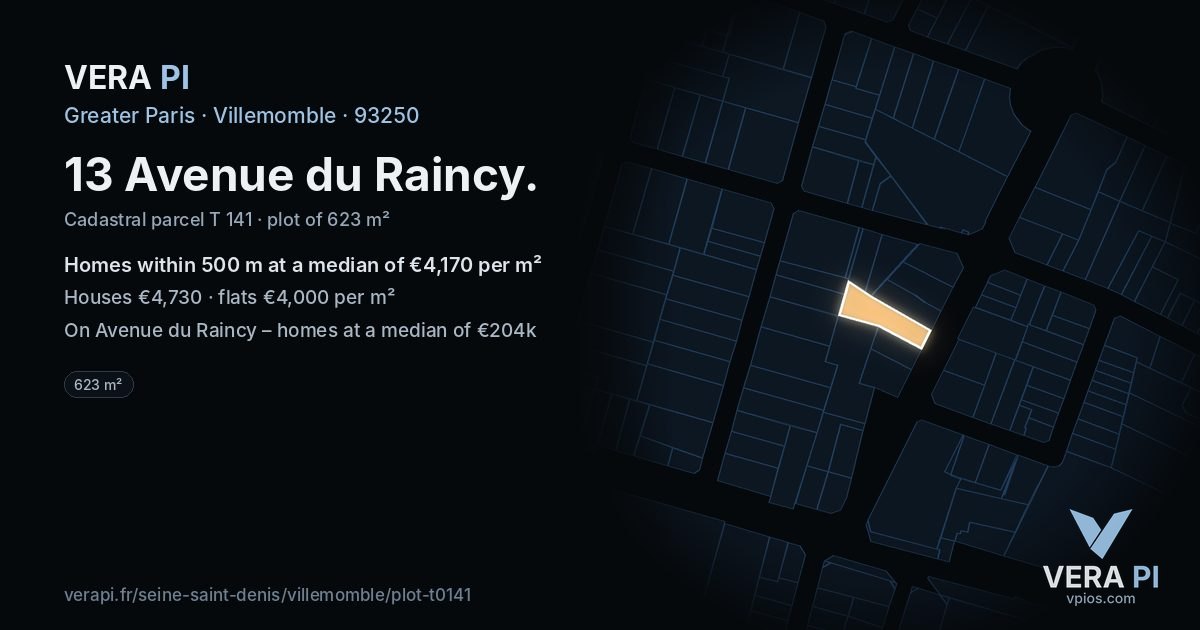 13 Avenue du Raincy, Villemomble at night – the plot lit, the parcels around coloured by the prices near them