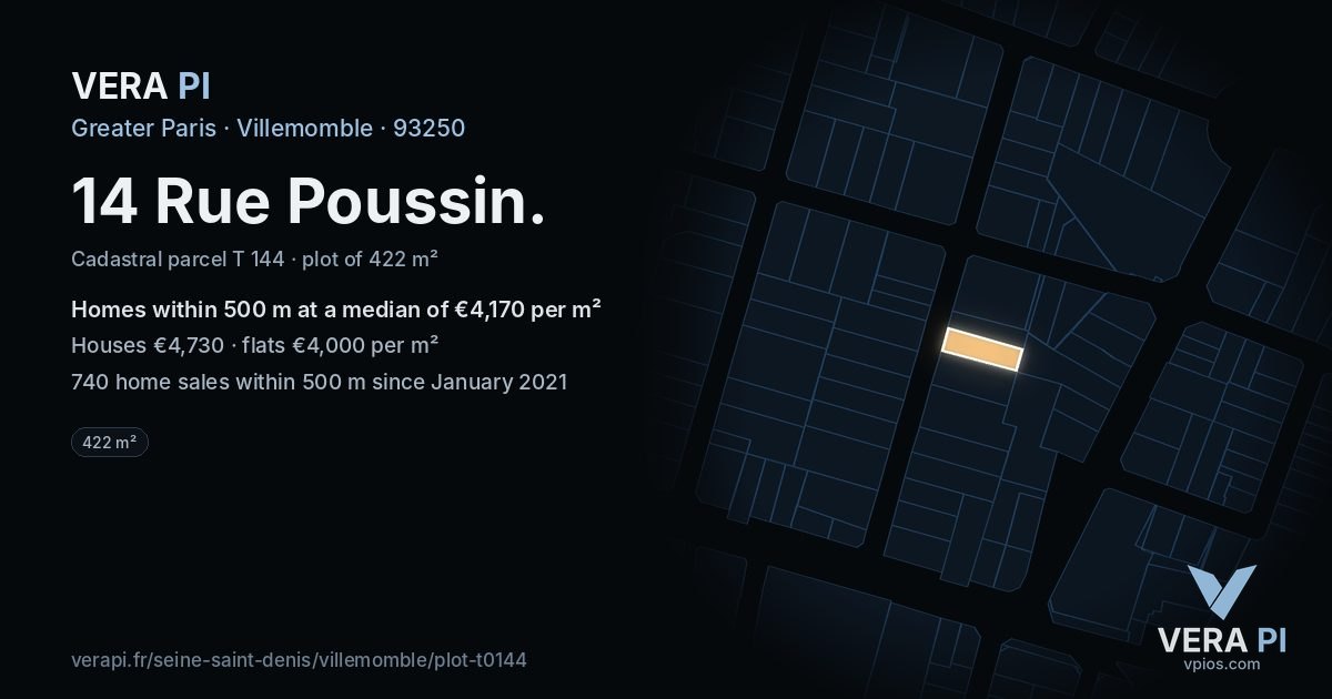 14 Rue Poussin, Villemomble at night – the plot lit, the parcels around coloured by the prices near them
