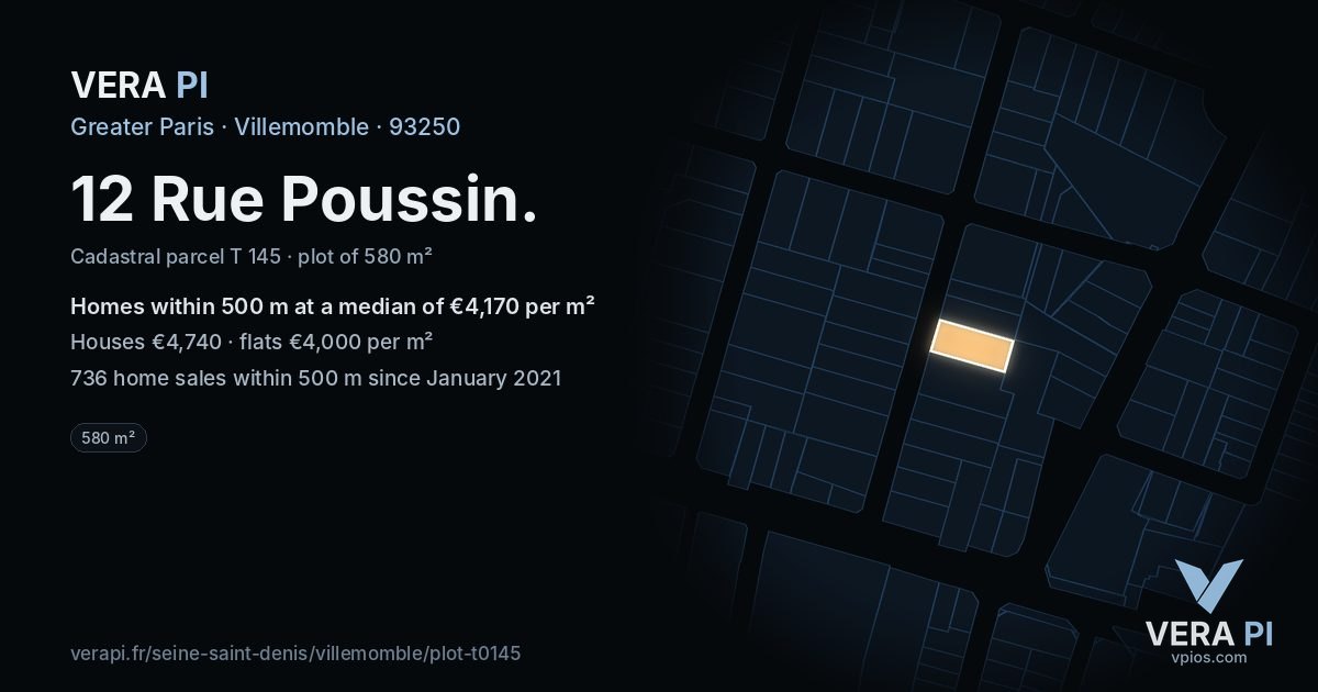 12 Rue Poussin, Villemomble at night – the plot lit, the parcels around coloured by the prices near them