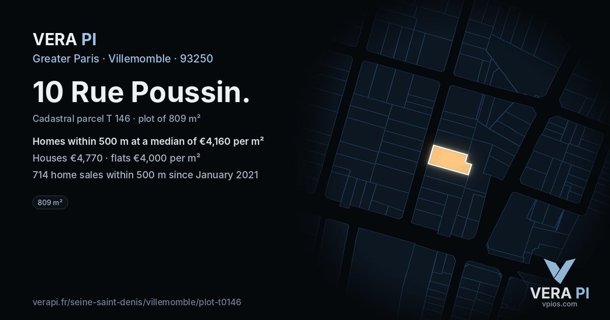 10 Rue Poussin, Villemomble at night – the plot lit, the parcels around coloured by the prices near them