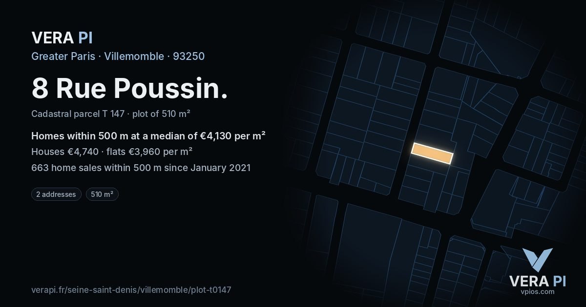 8 Rue Poussin, Villemomble at night – the plot lit, the parcels around coloured by the prices near them