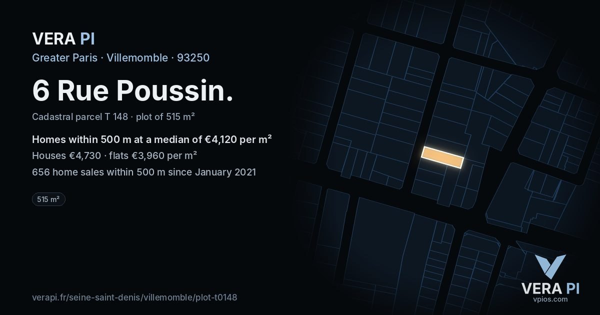 6 Rue Poussin, Villemomble at night – the plot lit, the parcels around coloured by the prices near them