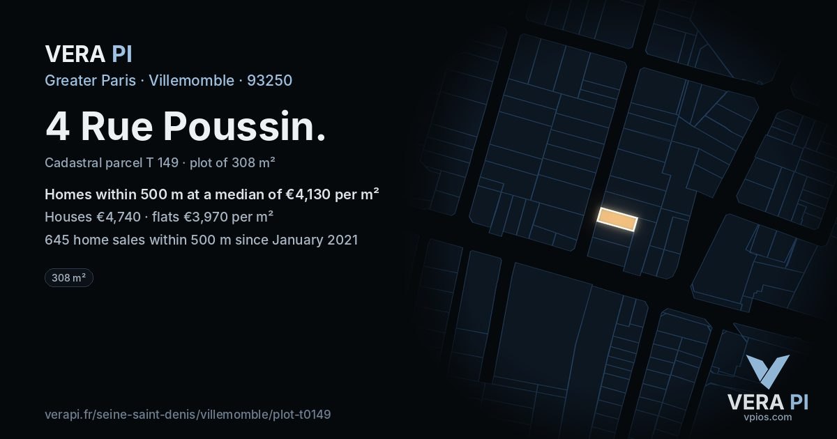 4 Rue Poussin, Villemomble at night – the plot lit, the parcels around coloured by the prices near them