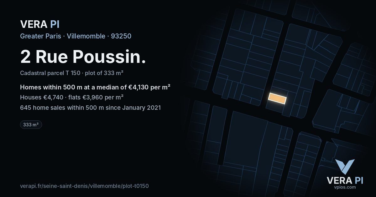 2 Rue Poussin, Villemomble at night – the plot lit, the parcels around coloured by the prices near them