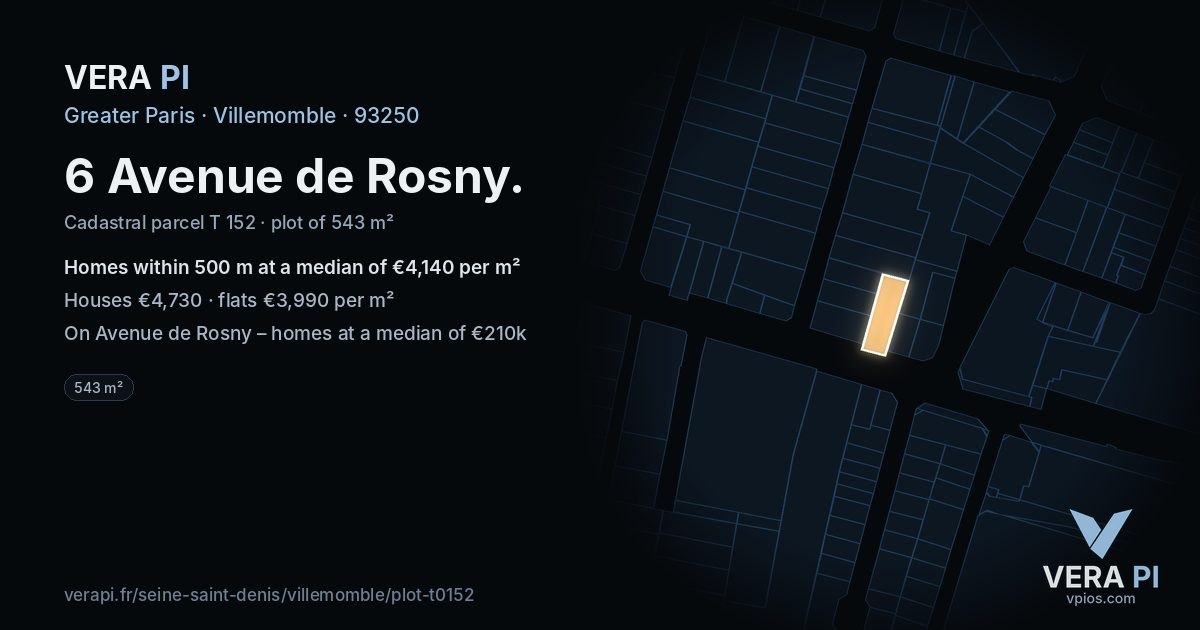6 Avenue de Rosny, Villemomble at night – the plot lit, the parcels around coloured by the prices near them