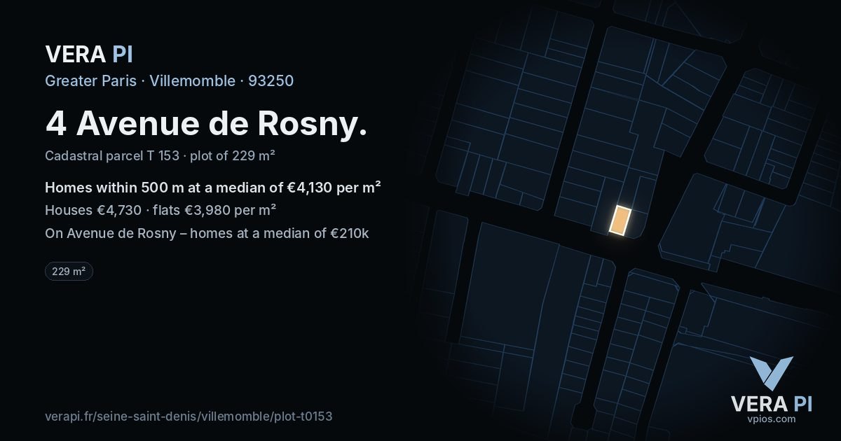 4 Avenue de Rosny, Villemomble at night – the plot lit, the parcels around coloured by the prices near them