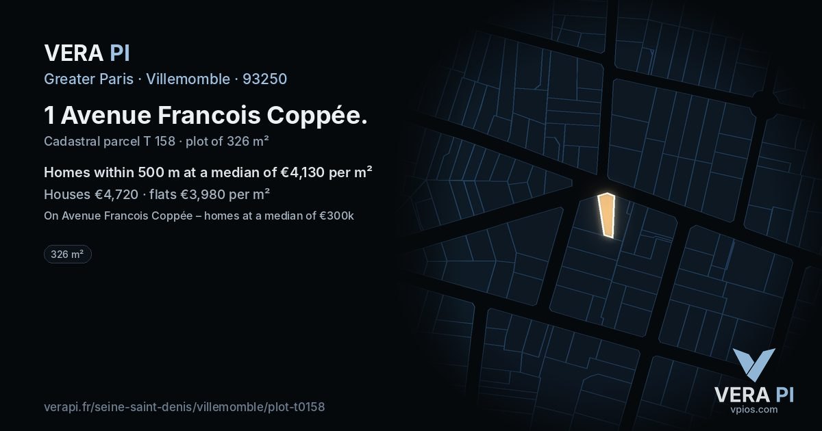 1 Avenue Francois Coppée, Villemomble at night – the plot lit, the parcels around coloured by the prices near them
