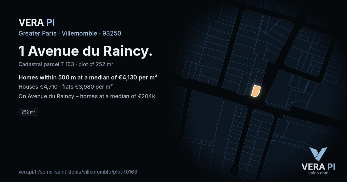 1 Avenue du Raincy, Villemomble at night – the plot lit, the parcels around coloured by the prices near them
